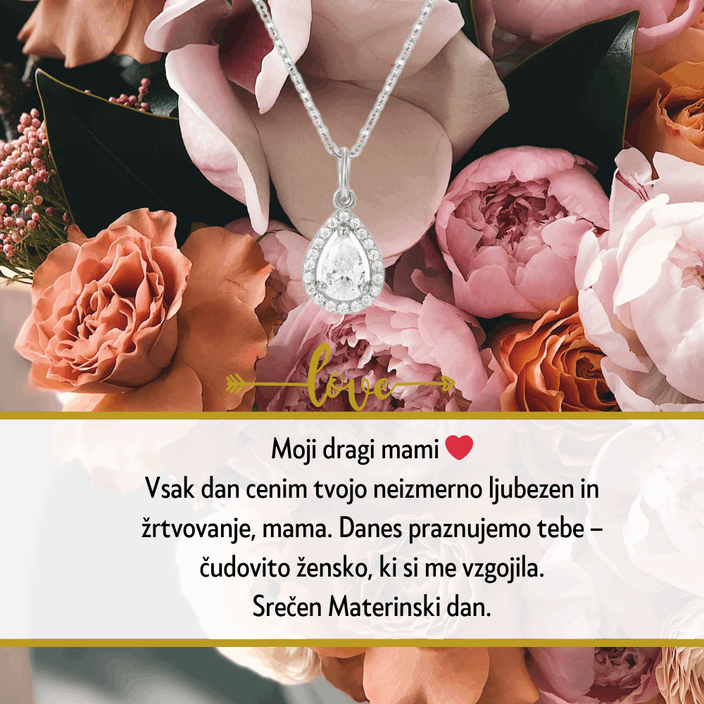 Personalizirani nakit za materinski dan z mislijo ali verzom, izbranim posebej za mamo, kot simbol edinstvene vezi ljubezni.